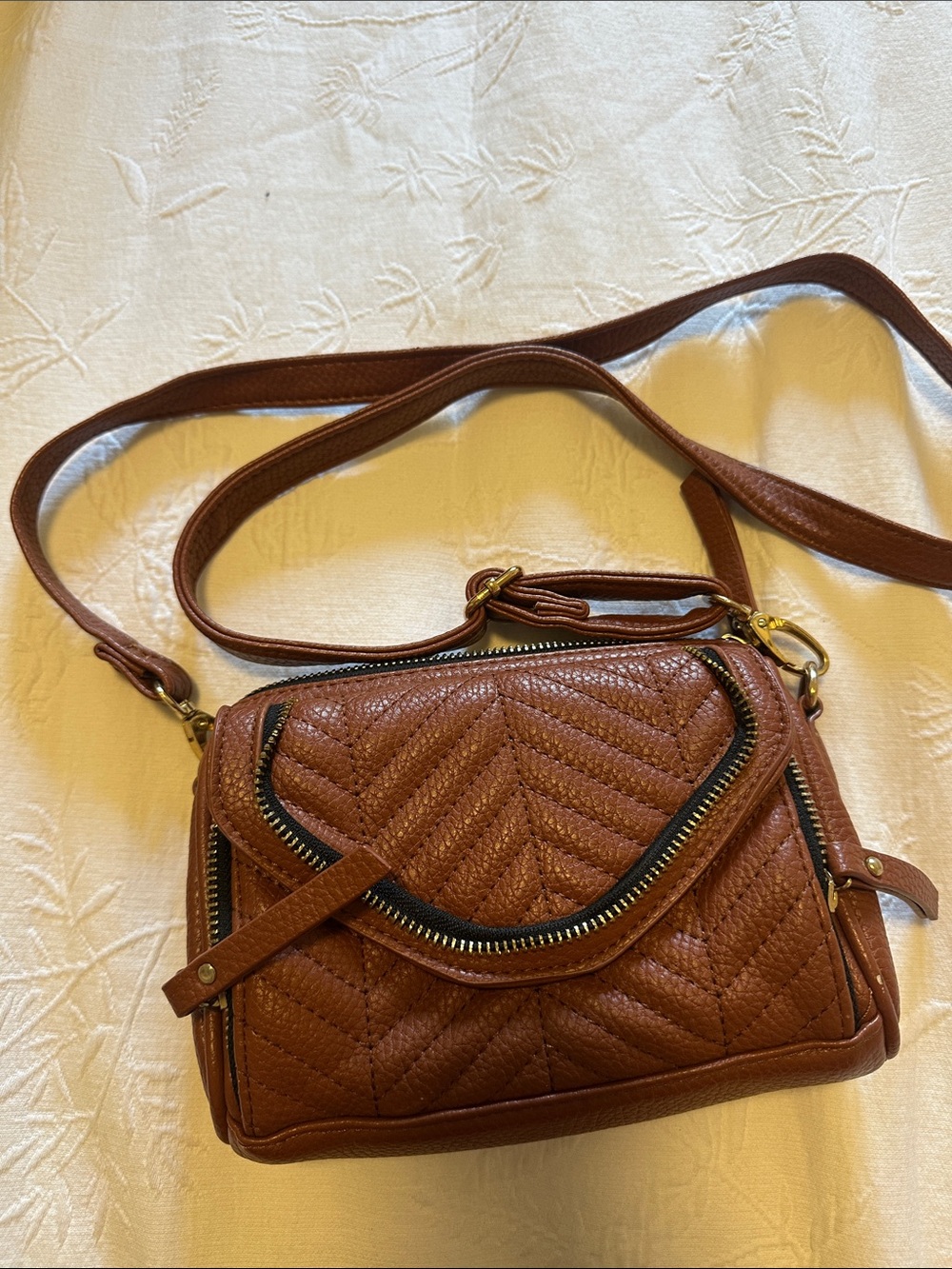 Under One Sky Quilted Tan Mini Crossbody with Gold Hardware